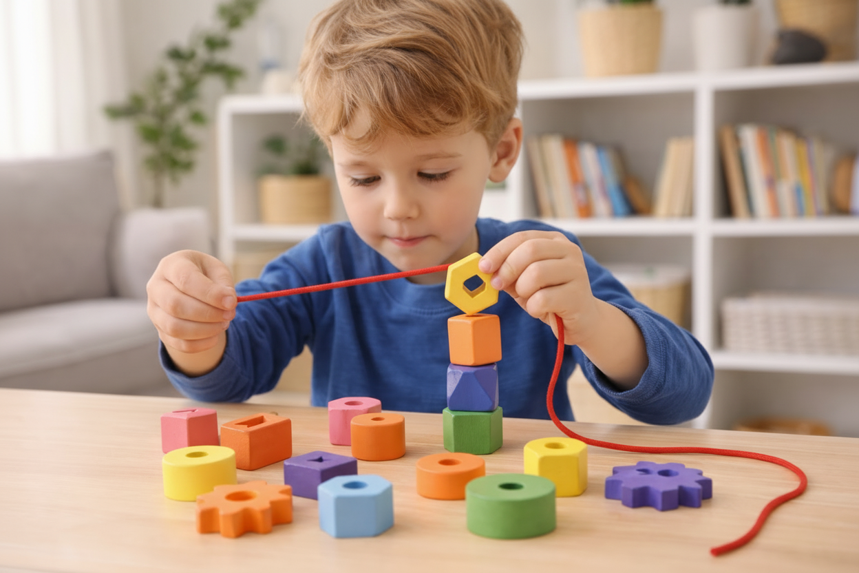 Child playing with colorful building blocks on a table in a living room setting.